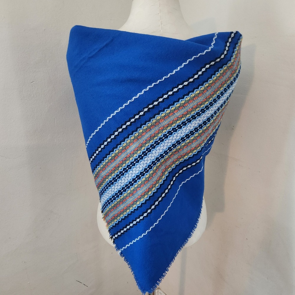 Vintage Royal Blue Embroidered Geometric Square Shawl Scarf w/ Frayed Trim 38x38 - Picture 2 of 4